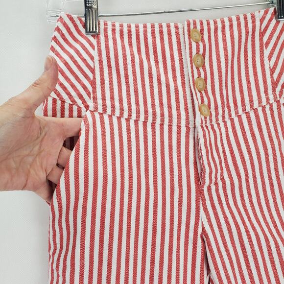Free People Frankie Y2K High Rise Crop Pants 2 Red White Stripe Button Fly Twee - Picture 8 of 15